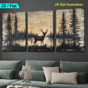 3 Retro Abstract Forest Deer Animal Art Canvas Posters Modern Living Room Bedroom Dining Room Office Decoration 2D Flat Prin