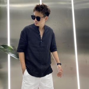 Summer Mens Loose Linen Short Sleeve Shirt Thin Fashionable City Style Pure Color Five-Button Casual Luxurious Half Sleeve Top