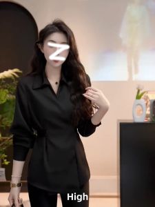 ZHILU | Slimming Waist French Satin Long Sleeve Polo Shirt