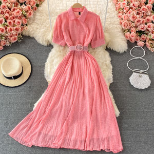 Chic Polka Dot Pleated Bubble Sleeve Dress Polo Collar Short Sleeve Long A-Line Skirt Slimming Effect Summer Womens Dress