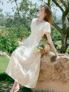 XIANGYING | French V-neck Embroidered Short Sleeve Waist-cinching Dress