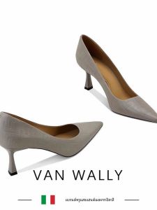 VAN WALLY รองเท้าส้นสูงปลายแหลมสไตล์จีนย้อนยุค ผู้หญิง ส้นบางหรูหราสีเทาแฟชั่นรองเท้าเดียวรองเท้ากาวกาว