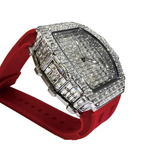 Đồng Hồ Nam Sang Trọng Tonneau Kim Cương Blingbling Mặt Số Chống Nước Dây Cao Su Đồng Hồ Đeo Tay Thạch Anh Thời Trang Quà Tặng Độc Đáo