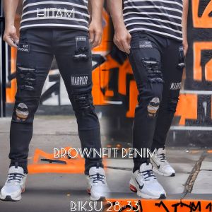 Celana Jeans Sobek Pria Panjang Emblem Stretch Melar Denim Tebal Slimfit Skinny Size 28-33