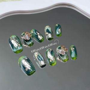 Handmade Crystal Nail Art Pure Green Gradient Wearable Nail Tips Professional Salon Quality White Enhancing Forest System