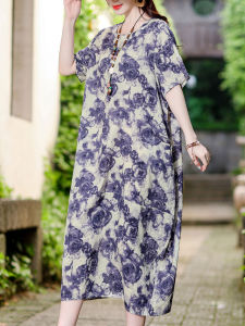 Summer New plus Size Loose Cotton Lin Dress Floral Print Long Thin Style Retro Slimming Maxi Dress Chinese Style Loose Waist