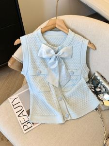 Blue Beaded Butterfly Knot Vest Womens Summer High-End Single Button Sleeveless Hollow out Short Top Fashion Elegant Style