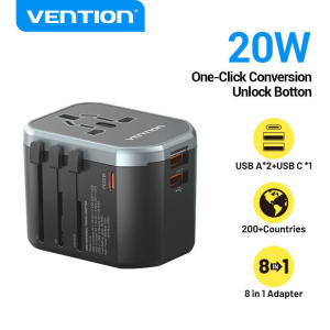 Vention 65W 20W Universal Travel Adapter 2 pin to 3 pin Converter Fast Charge International Travel Adaptor Universal Plug Conversion for iPhone 16 15 14 Pro Max Samsung Laptop PD Type C Phone EU AU US UK Plug Socket