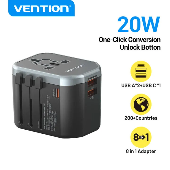 Vention 65W 20W Universal Travel Adapter 2 pin to 3 pin Converter Fast Charge International Travel Adaptor Universal Plug Conversion for iPhone 16 15 14 Pro