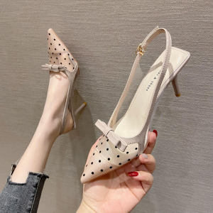 Womens Genuine Leather Closed Toe Sandals-Strap Stiletto Heel New Arrival Back Empty Dot Mesh High Heels for 2024 Summer Bows