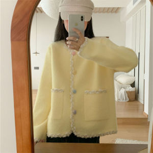 เสื้อคาร์ดิแกนถักนิตติ้งสไตล์ชาน่ารัก คอกลม แขนยาว ทรงสั้น สำหรับผู้หญิง ฤดูใบไม้ผลิและฤดูใบไม้ร่วง แฟชั่นสำหรับเด็กผู้หญิง