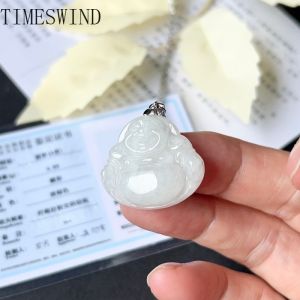 TIMESWIND Original Myanmar A-type Jade Natural White Smiling Buddha Pendant S925 Silver Women Necklace for Gift with Certificate