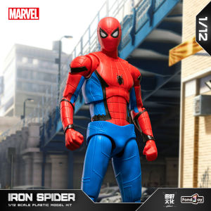 FondJoy 1/12 ชุดสีแดงและน้ำเงินคลาสสิก Spider-Man ของเล่นตั้งโชว์แบบประกอบได้สำหรับผู้ชาย ของเล่นตัวละคร Marvel ตัวต่อ