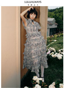 LULUALWAYS ชุดเดรสยาวผ้าชีฟองสไตล์วินเทจหรูหรา แขนสั้น ทรงเอเข้ารูป ช่วงไหล่ ชุดเดรสฤดูร้อน 2025 สำหรับผู้หญิง