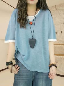 เสื้อยืดคอกลมแขนสั้นผ้าฝ้ายหลวมสำหรับผู้หญิง ฤดูร้อน 2025 แฟชั่นสีบล็อก ไซส์ใหญ่ เสื้อยืดคอกลมแขนสั้นแบบลำลอง