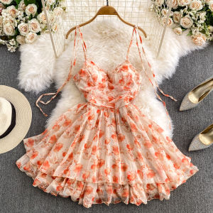 Pure Desire Sweet Floral Lace Splice Chiffon Sleeveless A-line One-piece Dress High Waist Zipper Backless Midi Summer Dress