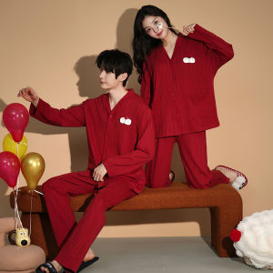 miiow | Newlywed Couple Cotton Pajamas Long Sleeve Red Home Clothes Spring Autumn Style Cat Person Sweet Cute Style 2pcs Set Casual Wear