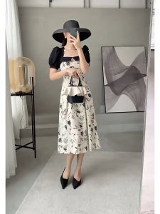 🦋 NLONKE   Women Formal Midi Dress Summer Flower Bubble Sleeve Dress Women New Style 2024
