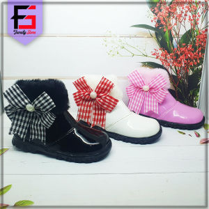 Sepatu Boots Bulu Anak Perempuan Pita Mutiara / Sepatu Boots Zipper Anak Balita Cewek Fashion Trendy