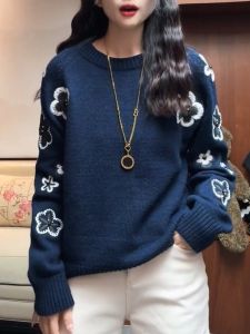 Retro Loose Knitted Sweater in Dark Blue Fashionable Overhead Womens High-End Spring Fashion Cashmere Long Sleeve round Neck Top
