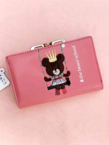 น่ารัก Bear School Long Wallet Pink Ladies Coin Purse Functional Bag นุ่ม วัสดุ PU การ์ตูน อะนิเมะ ดีไซน์ รูปทรงแนวนอน