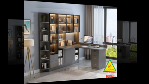 BÀN HỌC – BÀN LÀM VIỆC LIỀN KỆ GỖ MDF TỦ CÁNH KÍNH CÓ ĐÈN LED BLV401 - NỘI THẤT LẮP RÁP VIENDONGADV