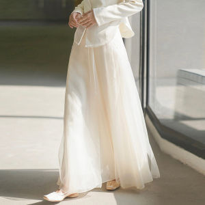 Elegant High Waist Mesh Skirt Chinese Style Spring 2024 Womens Fashion Slimming Fairy Skirt Lightweight Breathable