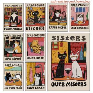 Bandai | Retro Kitchen Canvas Poster Cat Chef Art Print Dishes Wall Art Pictures for Bedroom Kitchen Home Decoration Gift Idea