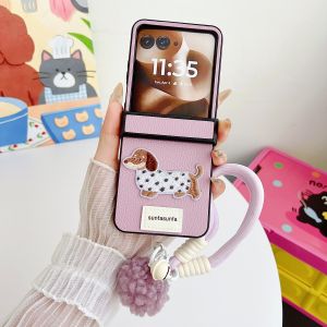 szhaiyu | Cute Cartoon Sausage Dog PU Leather Phone Case for Motorola Razr 70+ 70 60 50 Ultra Wrist Strap Hinge Protection Cover Women