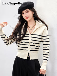 La Chapelle Fashionable Striped Collared Knitwear Womens Casual Simple Top Trendy Spring Autumn New Style Long Sleeve Zipper