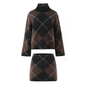 KONDALA Vintage Plaid Knit Loose Suits Turtleneck Long Sleeve Loose Sweaters Sheath Mini Skirts Fashion 2025 Autumn Winter Sets