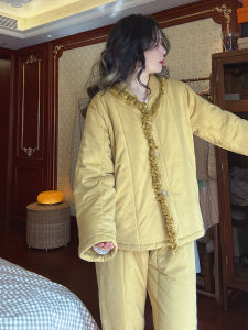 ชุดนอนผู้หญิงผ้าฝ้ายหนา ชุดนอนฤดูใบไม้ร่วง/ฤดูหนาว ชุดนอนผู้หญิงผ้าฝ้ายแท้ ชุดนอนผู้หญิงสีเหลือง ชุดนอนผู้หญิงแบบสวมหัว ชุดนอนผู้หญิงแบบสวมศีรษะ