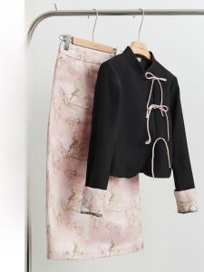 New Chinese Style Black Printed Jacket round Neck Half Skirt Set Womens Spring Fashion Hanfu Ensemble Polyester Material