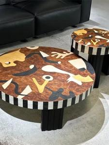 Rustic Solid Wood Coffee Table Living Room Home Use Designer Style round Painting Drawing Artistic Graffiti Coffee Table
