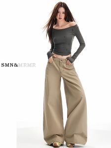 Khaki Wide Leg Denim Jeans Womens Autumn Winter Fleece High Waist Loose Slimming Casual Straight Floor-Length Pants