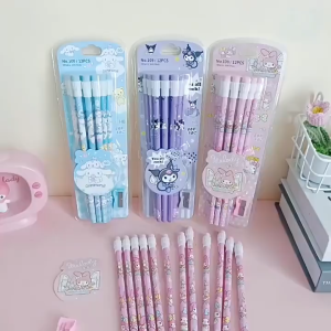 Hộp 12 Bút chì gỗ HB có đầu gôm tẩy hoạt hình Kuromi Melody Cinnamoroll dễ thương Bút học sinh