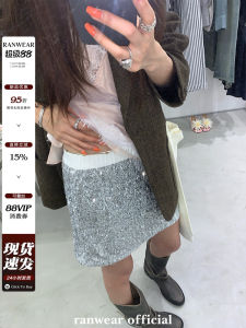 Ranwear Shiny Series A-Line Mini Skirt สไตล์เกาหลี เอวสูง ผ้าโพลีเอสเตอร์ผสมยางยืด สีพื้น ฤดูใบไม้ผลิ 2025