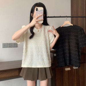 plus Size Womens Texture Folded Short Sleeve T-Shirt Korean Style Loose Fit Summer Top Age Reduction Slimming Belly Covering Meat