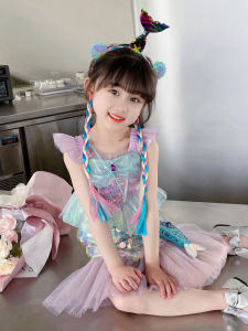 ชุดเดรสยาวคลุมเข่าลายปลาดิบสไตล์เจ้าหญิงสำหรับเด็กผู้หญิง ชุดว่ายน้ำ ชุดการแสดง ชุดเด็ก ชุดฤดูร้อน เดรสยาวคลุมเข่า