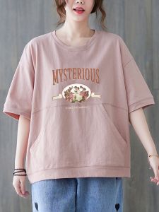 Summer New plus Size Loose Fit Cotton T-Shirt Womens Pink Big Pocket Design Artistic Style Casual round Neck Short Sleeve