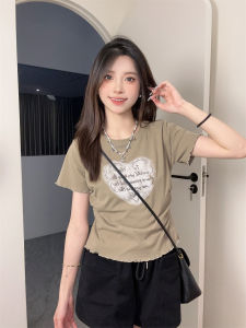 Elegant Short Sleeve round Neck T-Shirt Womens Summer Fashion Print Gored Waist Short Style Cotton Blend Comfortable Fit