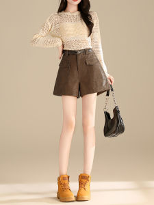 High Waist A-Line Wide Leg PU Leather Shorts Womens Outerwear Boot Pants Comfortable Casual Korean Style Commute Pants