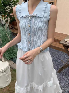 Áo Len Dệt Kim Ngắn Không Tay Kiểu Pháp Họa Tiết Sóng Viền Gỗ Phong Cách Nước Hoa Nhỏ Áo Thun Mỏng Mùa Hè Cho Nữ