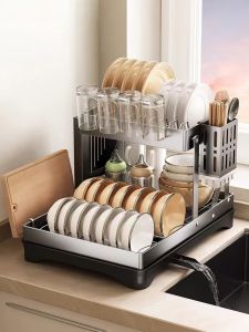 Stainless Steel Kitchen Countertop Rack Drainage Multi-Function Bowl Plate Storage Double Layer Cabinet Modern Simplicity