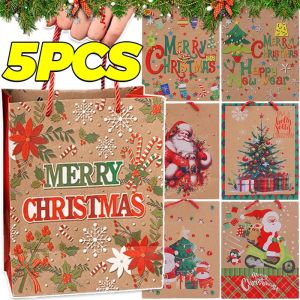 ถุงใส่อาหารสัตว์ใส่คุ้กกี้ลูกกวาดสำหรับงานเลี้ยงถุงของขวัญของที่ระลึกคราฟท์คริสต์มาสอุปกรณ์ตกแต่งตุ๊กตาหิมะซานตาคลอสน่ารัก5ชิ้น