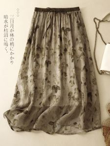 Artistic Floral Print Cotton Linen Half Skirt Womens Vintage Double Layer Midi Skirt Loose Fit Summer Casual  And Pear Body Type