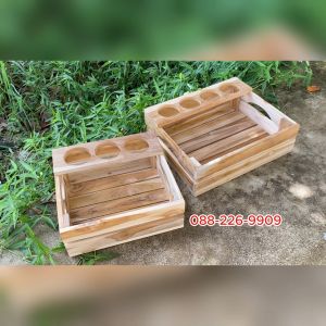 ถาดไม้สัก ใส่ของทั่วไป​ถาดอเนกประสงค์ พร้อมช่องใส่ขวด (ไม่ทำสี) serving tray.