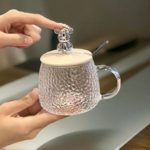 300ml Bear Mug Cup Glass Water Pattern Cup with Lid for Women Coffee Drink Cup with Handle Household Gift Glass