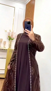 Busana Muslim Full Brukat Pater Model Dua Layer Series Mahogany Ukuran Jumbo LD 110 ALina Dress Bahan Ceruty Babydol Full Puring Gamis pesta Kondangan Super Mewah Elegant Bahan adem Style Modist Bisa COD