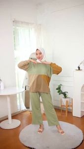 One Set Syila Setelan Combi Atasan dan Celana Panjang Polos setelan wanita